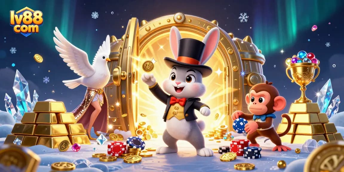 Winning big at lv88 com while a magician rabbit pulls golden coins; a playful monkey joins the fun!
