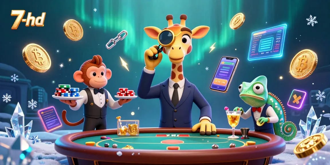 Engage with 7-hd's vibrant online casino scene featuring a high-roller giraffe at a poker table, surrounded by glowing cryptocurrencies.