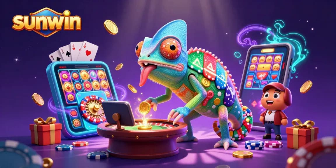 Experience vibrant sunwin casino action with a chameleon owner grabbing coins amid colorful games.