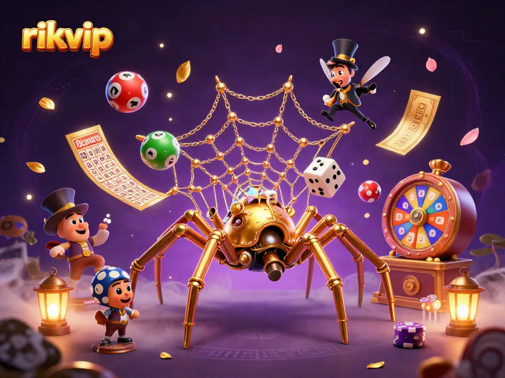 Engage with rikvip as the steampunk spider weaves a web of chance in an exciting casino scene.