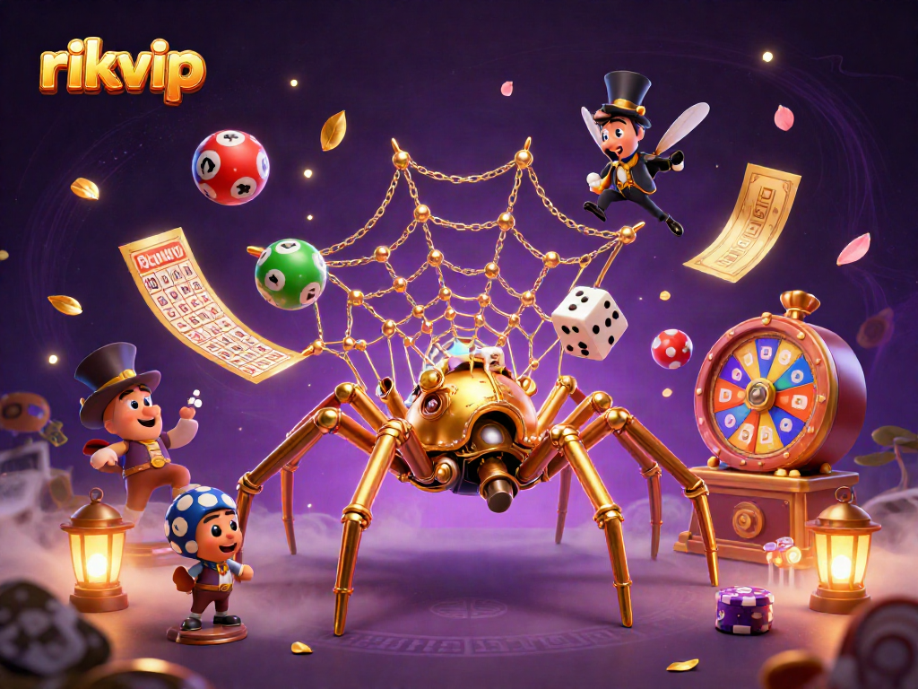 Engage with rikvip as the steampunk spider weaves a web of chance in an exciting casino scene.