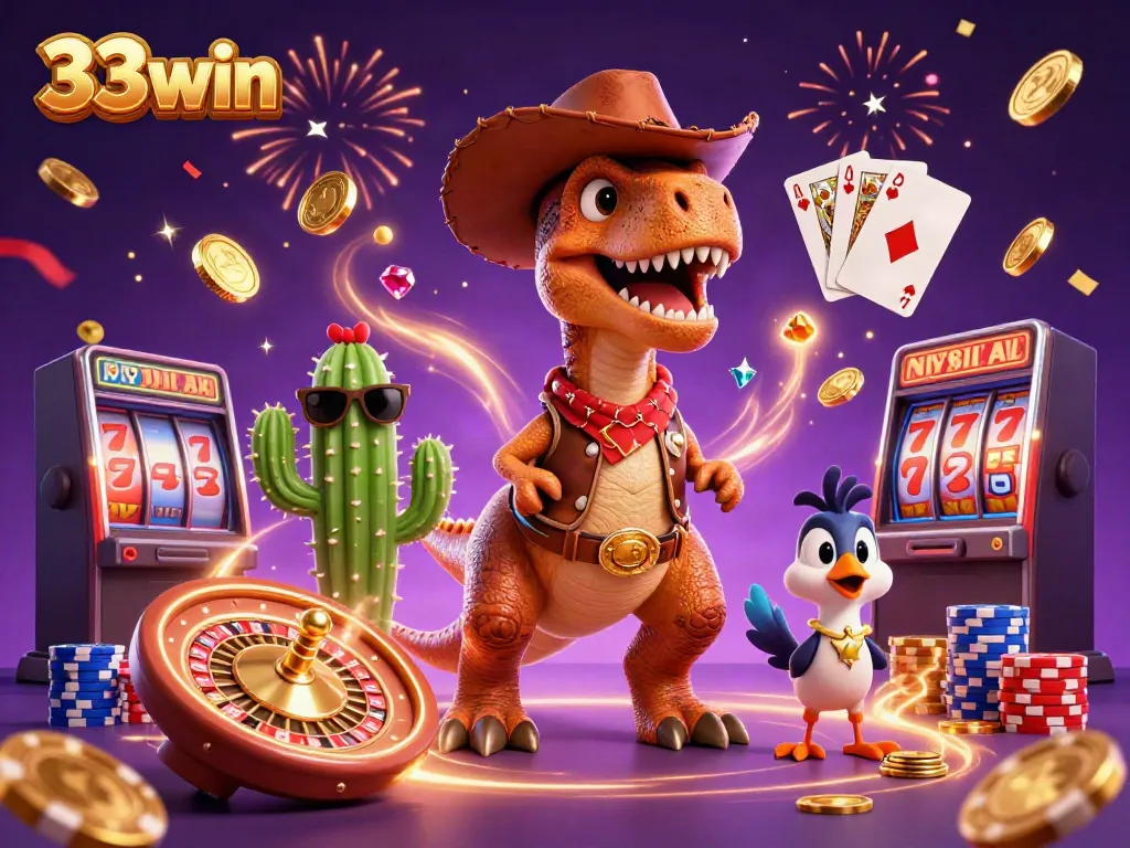 Experience the excitement of 33win with animated characters celebrating around a casino scene.
