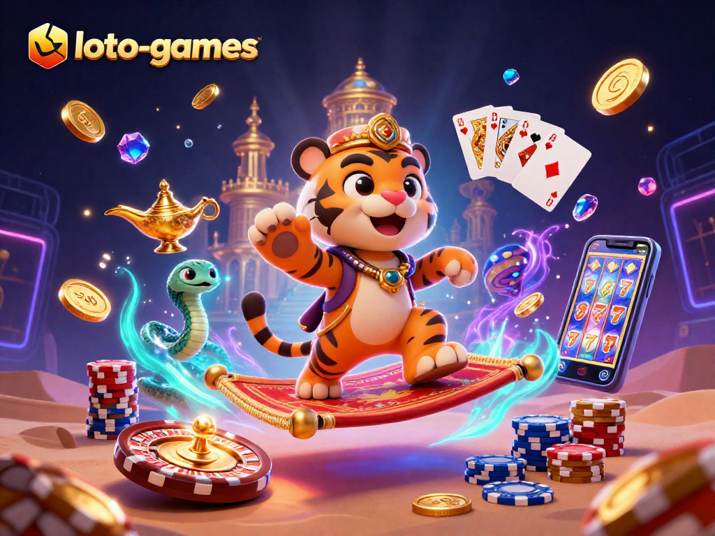 Loto-games features a lavish 3D scene with a tiger sultan, a genie snake, and vibrant casino elements, showcasing winning excitement.