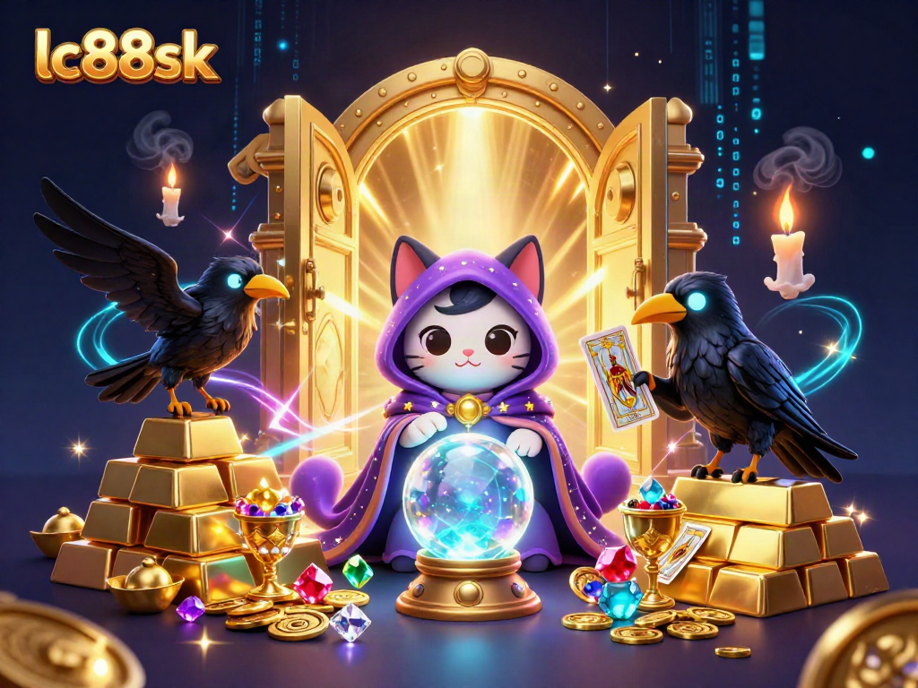 Engage winning strategies with lc88sk in a mystical casino scene showcasing vibrant characters and treasures.