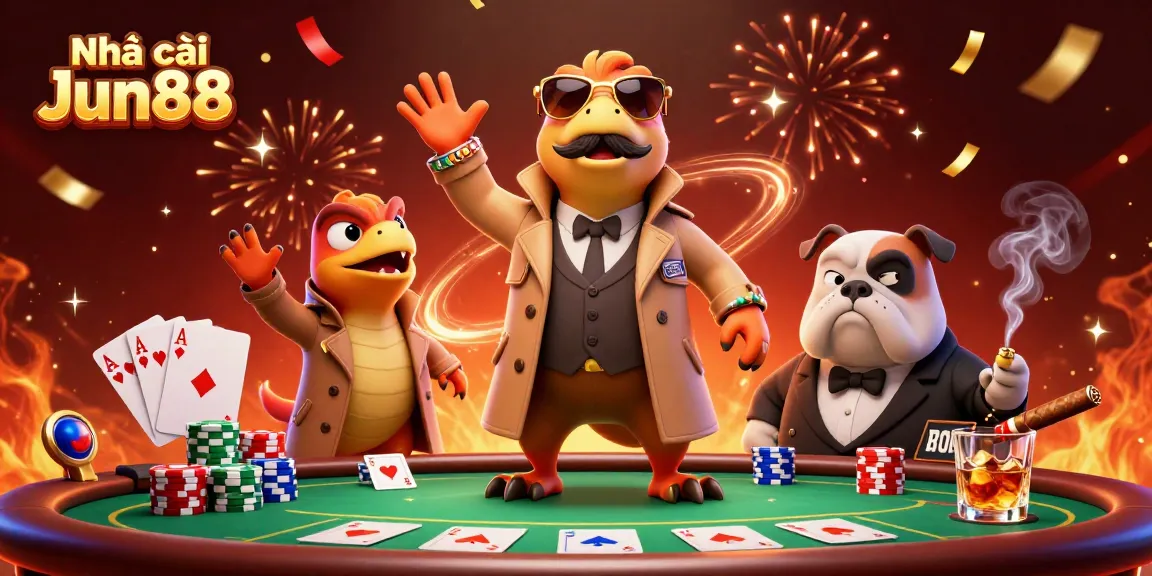 Engage with Nhà cái Jun88 at an exciting poker scene featuring cartoon raptors attempting to bluff a bouncer.