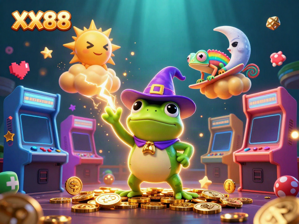 Experience the vibrant game aesthetics with XX88 as characters create a golden coin storm.