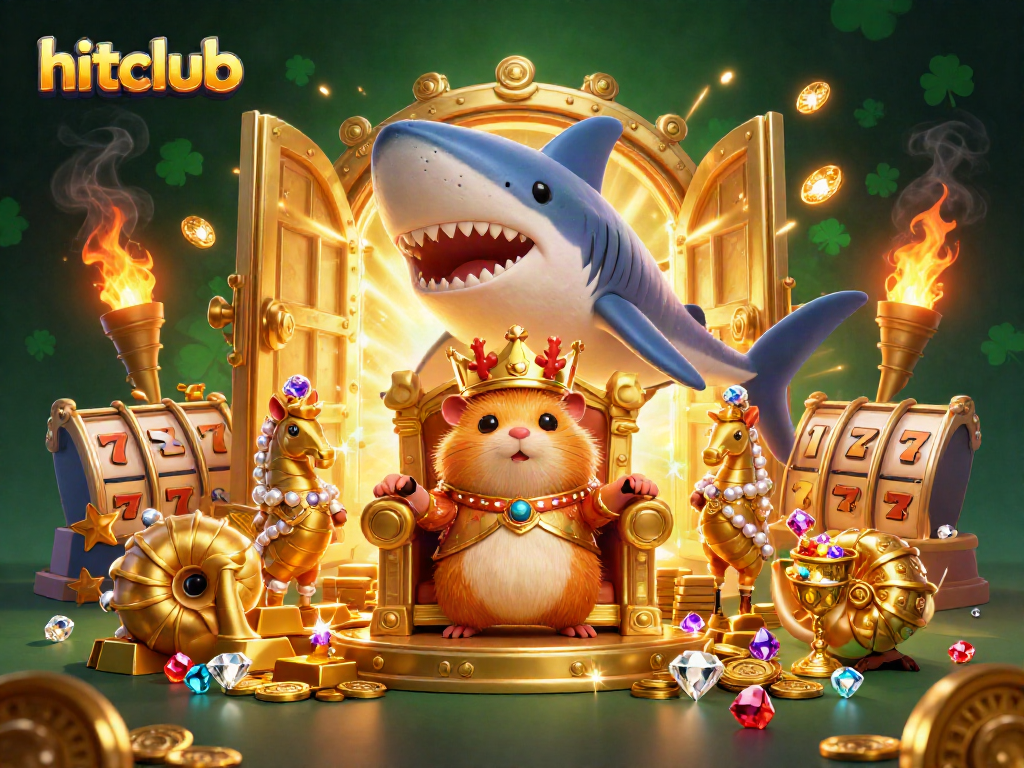 Hitclub's golden hamster king reigns in a dynamic casino world, surrounded by treasure and slot elements.