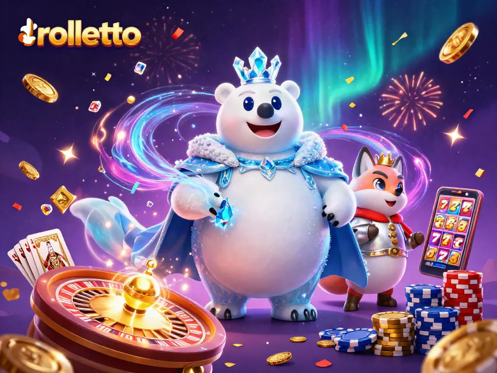 rolletto casino characters celebrating with vibrant casino elements and dynamic effects