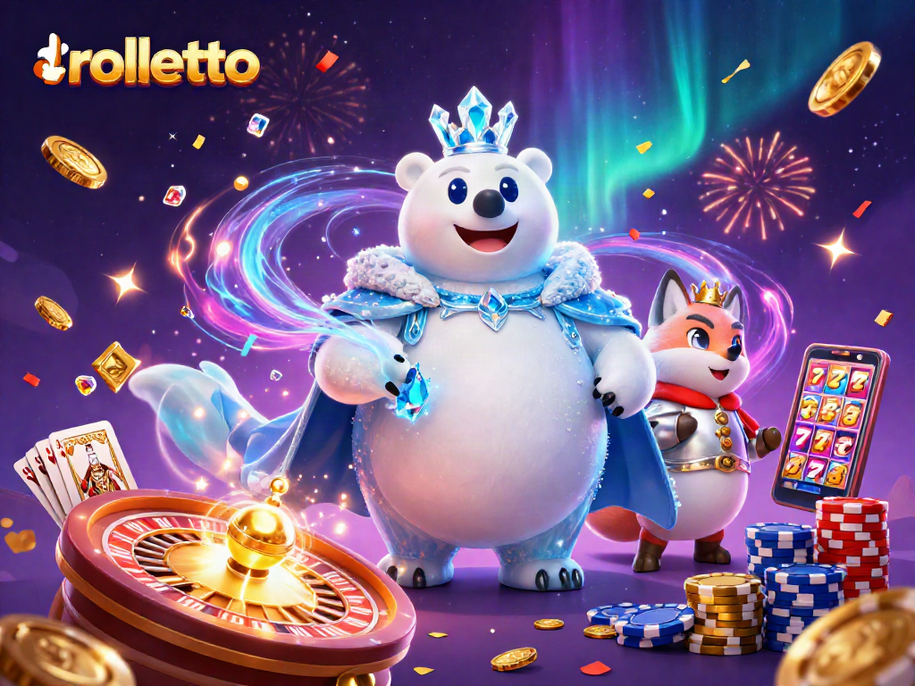 rolletto casino characters celebrating with vibrant casino elements and dynamic effects
