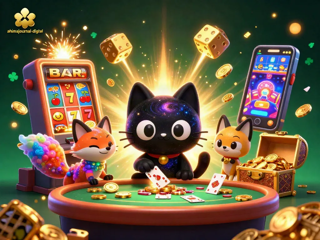 Experience thrilling wins at ahimajournal-digital with a cosmic casino cat and vibrant slot machines!