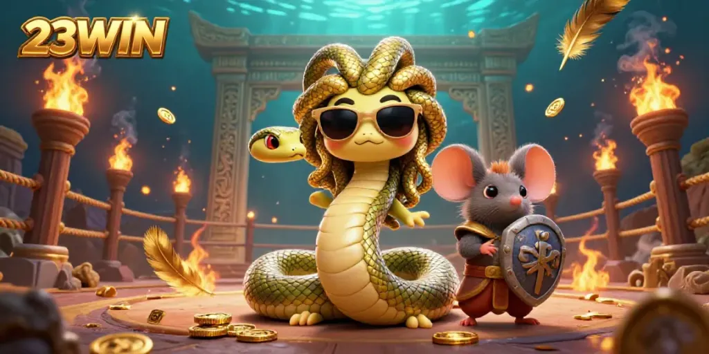 Engage in thrilling games with 23WIN, showcasing dynamic casino elements and lively characters.