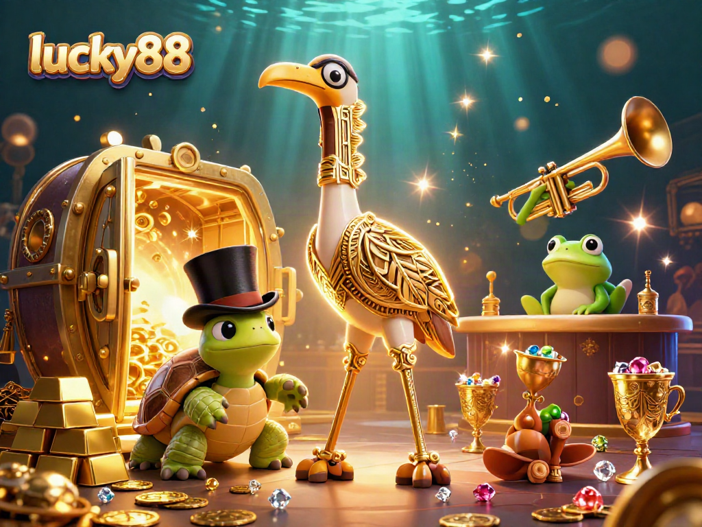 Engage with lucky88's vibrant gaming world, a lively 3D casino illustration of characters amidst treasure.