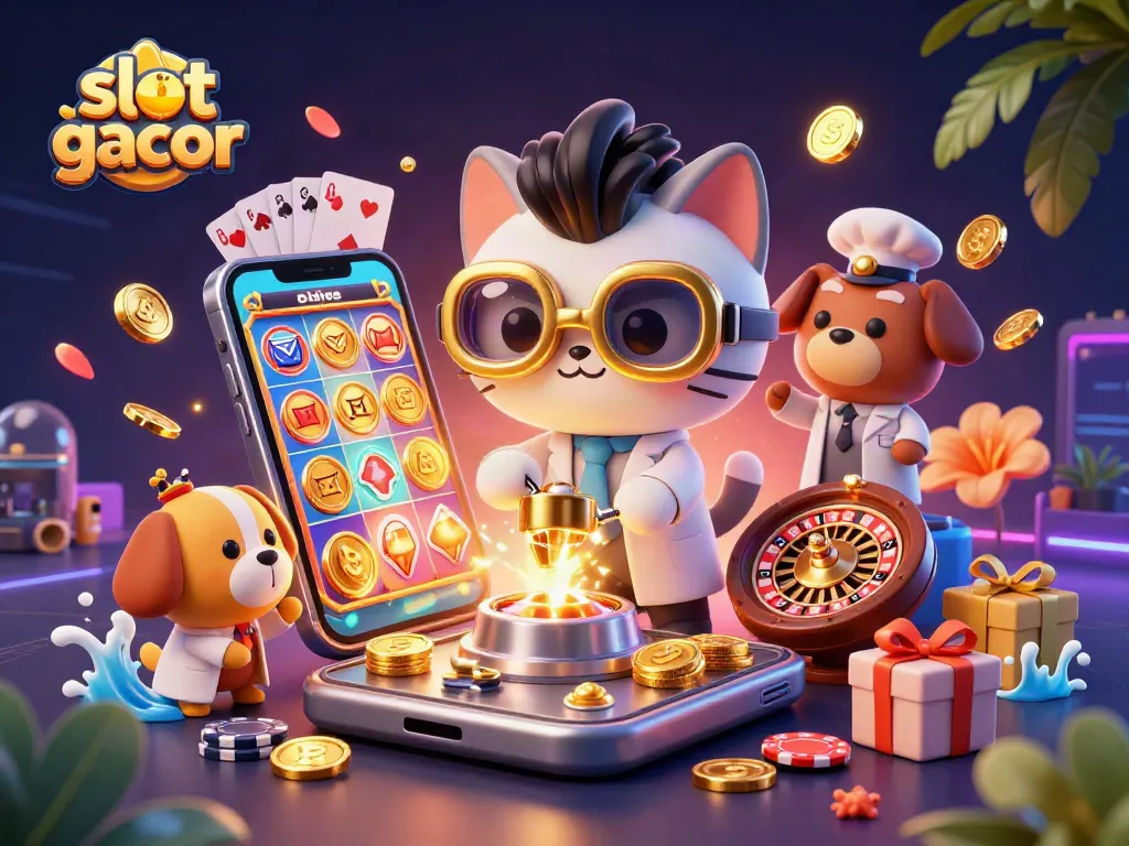 Engage with slot gacor on an exciting 3D illustration featuring golden coins, slot games, and dynamic casino elements.