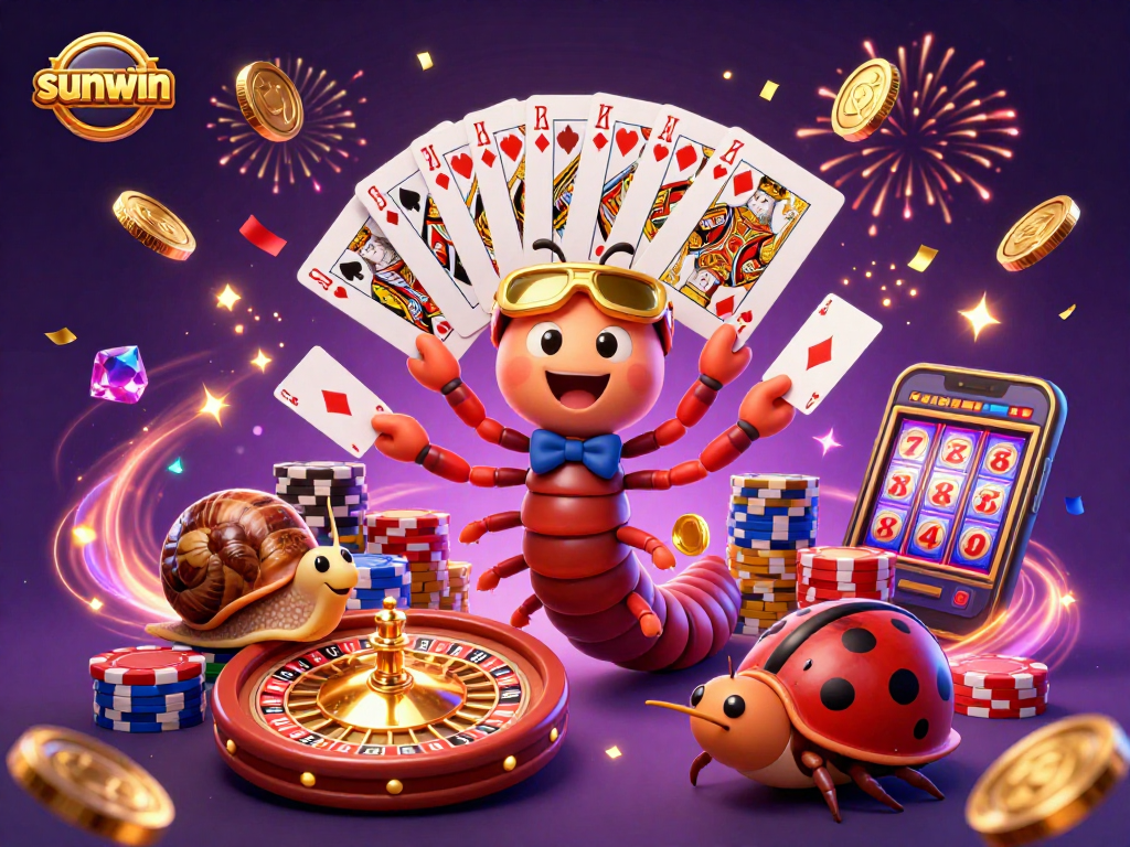 Experience the excitement at sunwin with cartoon millipede dealer, poker, and celebratory elements.