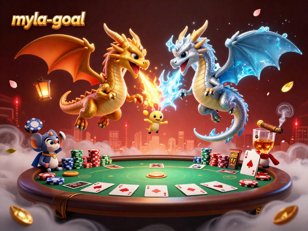 Engage with myla-goal's exciting poker scene featuring dynamic dragons and vibrant casino elements.