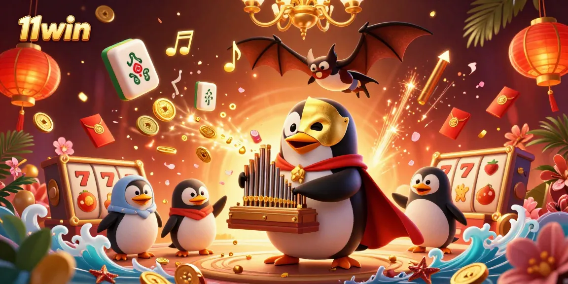 Experience thrilling wins with 11win as a phantom penguin organist plays for lucky gamblers amidst vibrant 3D casino elements.
