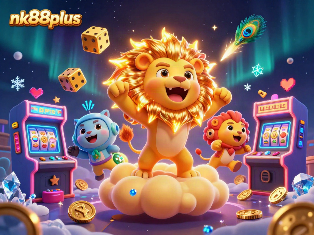 Engage with thrilling slots and jackpots at nk88plus, featuring vibrant cartoon characters in a lively casino setting.