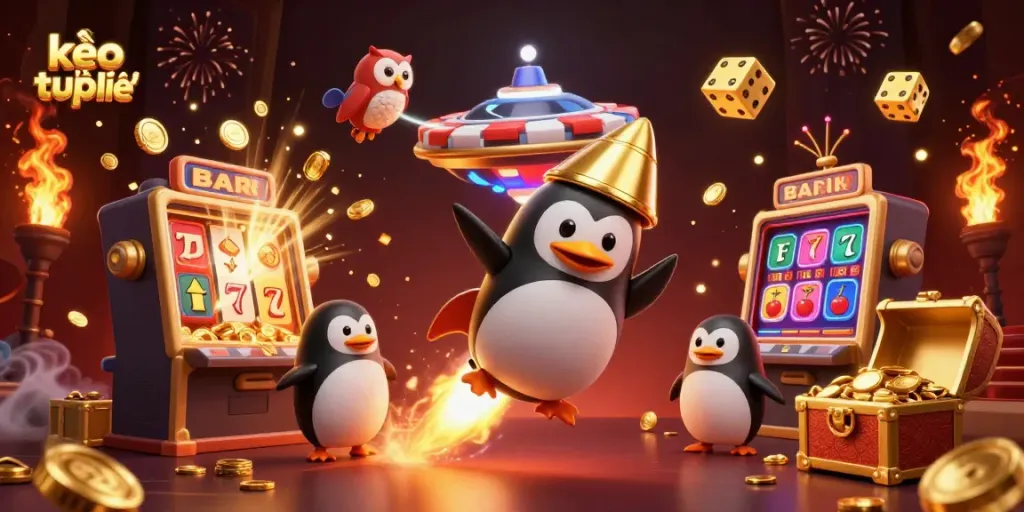 Experience the thrilling universe of kèo trực tuyến with our penguin-themed casino illustration.