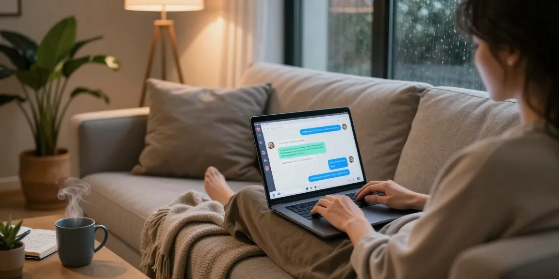 NSFW AI chat on a laptop in a cozy living room setting with warm lighting.