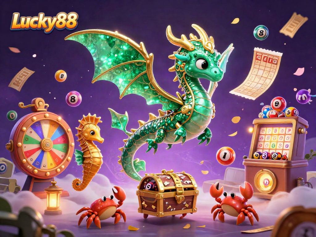 Engage with Lucky88 in a vibrant lottery-themed scene featuring a 3D sea dragon, sparkling prize elements, and dynamic visual effects.