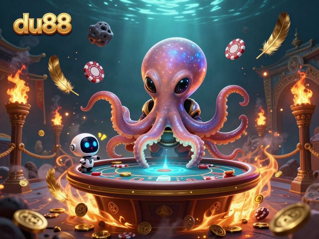 Play poker with the vibrant du88 alien octopus at a dazzling casino table in a cosmic setting.