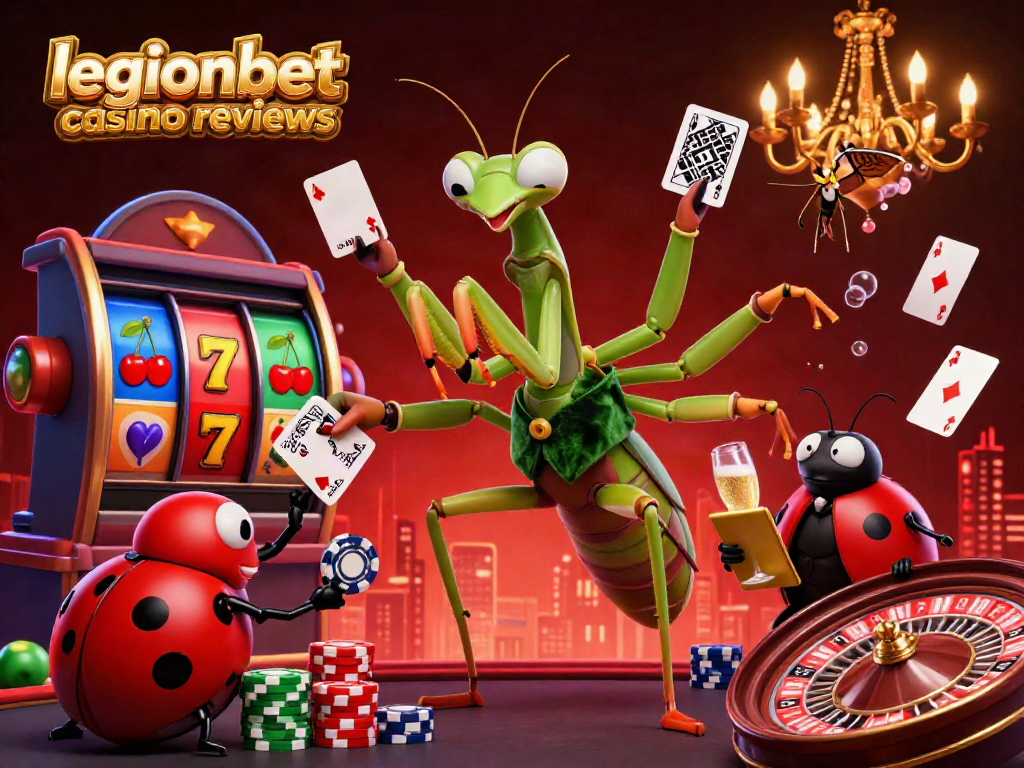 Engaging scene of legionbet casino reviews featuring a giant mantis card sharp and ladybug pit boss amidst vibrant casino elements.