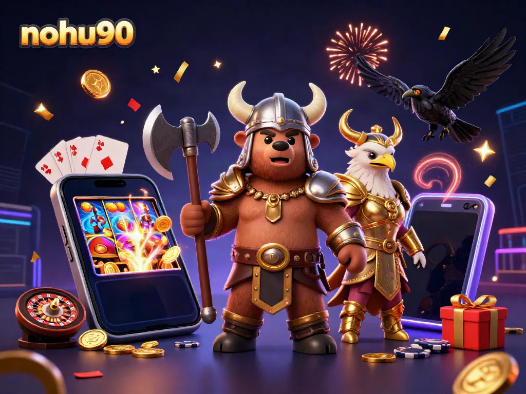 Experience thrilling gameplay with nohu90's vibrant 3D casino characters and slot game elements.