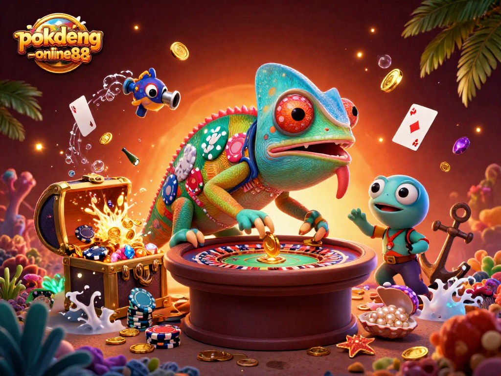Engage in exciting gameplay at pokdeng-online88 with vibrant casino elements and a dynamic chameleon theme.