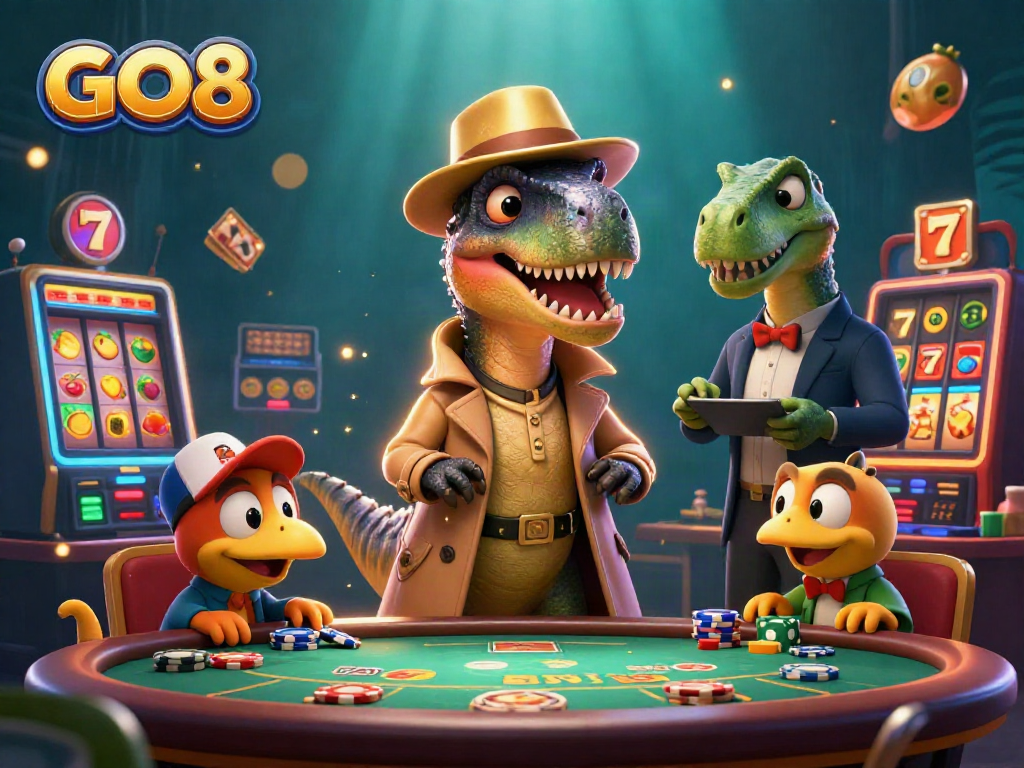 GO8-themed 3D illustration of a velociraptor card counter at a blackjack table, vibrant and dynamic.