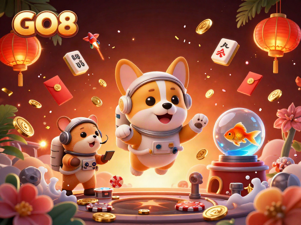 GO8 casino scene with a cartoon astronaut corgi, mission hamster, and goldfish, featuring dynamic casino elements