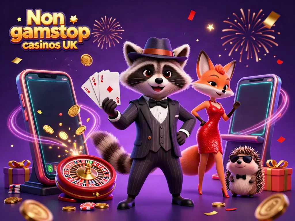 Engaging illustration of Non gamstop casinos UK featuring a suave raccoon, charming fox, and a hedgehog among casino elements.
