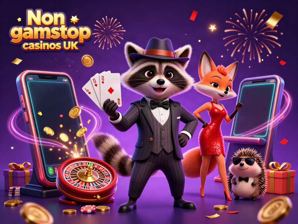 Engaging illustration of Non gamstop casinos UK featuring a suave raccoon, charming fox, and a hedgehog among casino elements.