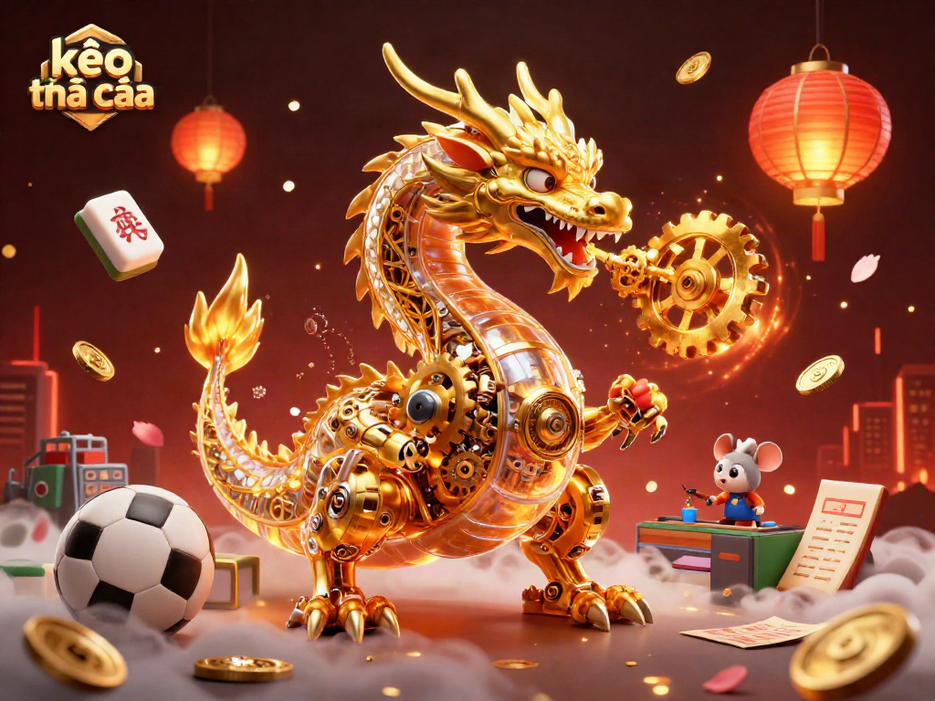 Engage in kèo nhà cái with golden dragon and thrilling sports elements in a vibrant 3D illustration.