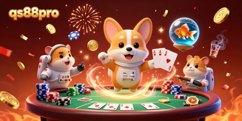 Experience qs88pro's lively casino adventure with a floating corgi and mission-control hamster in a space station.