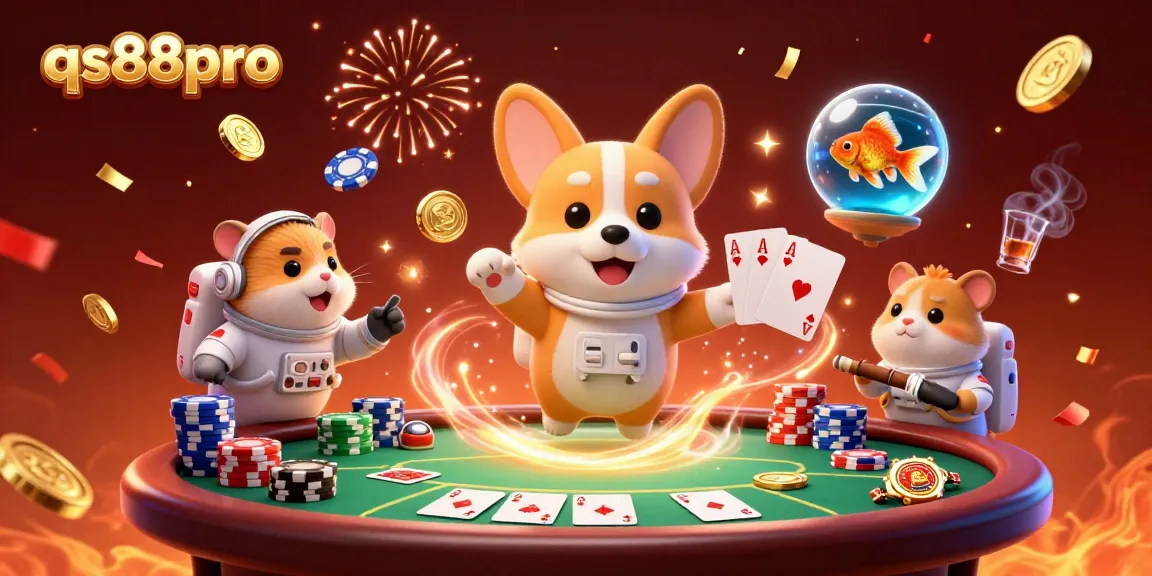 Experience qs88pro's lively casino adventure with a floating corgi and mission-control hamster in a space station.