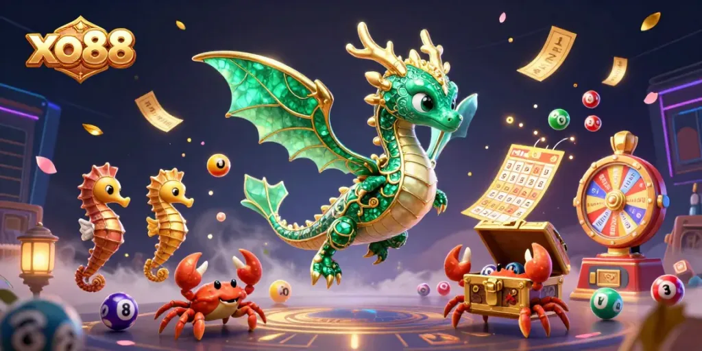 Experience excitement at xo88 with a vibrant 3D illustration of a sea dragon and treasure elements.