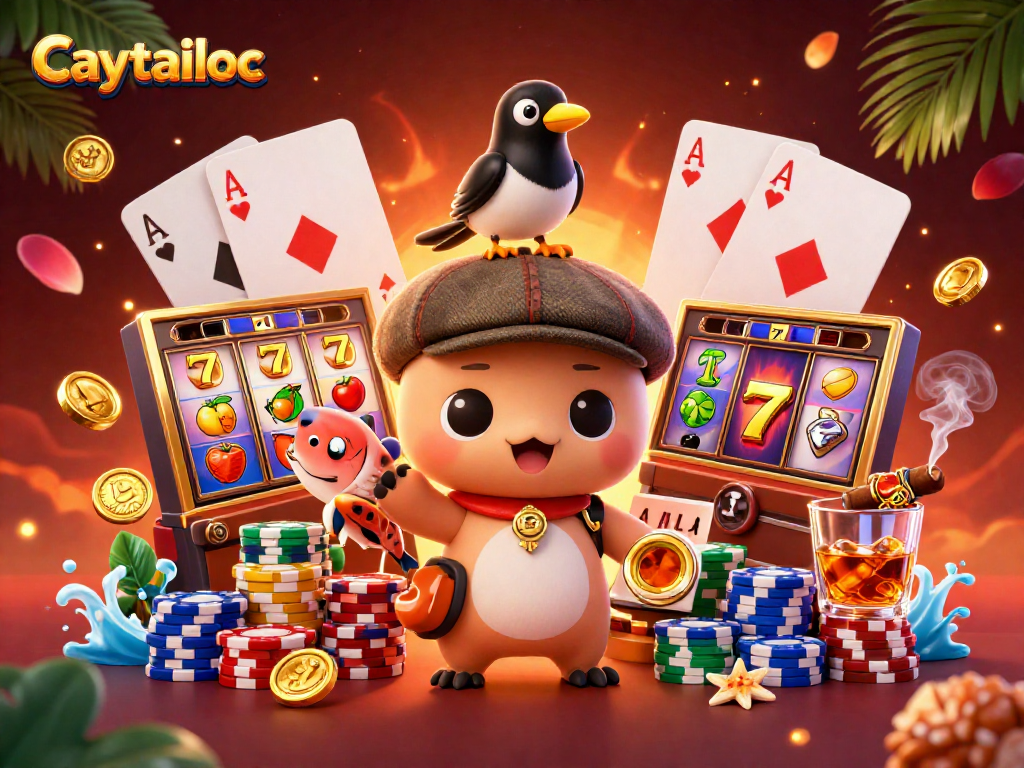 Caytailoc showcases vibrant slot reels and cartoon characters in an exciting casino scene.