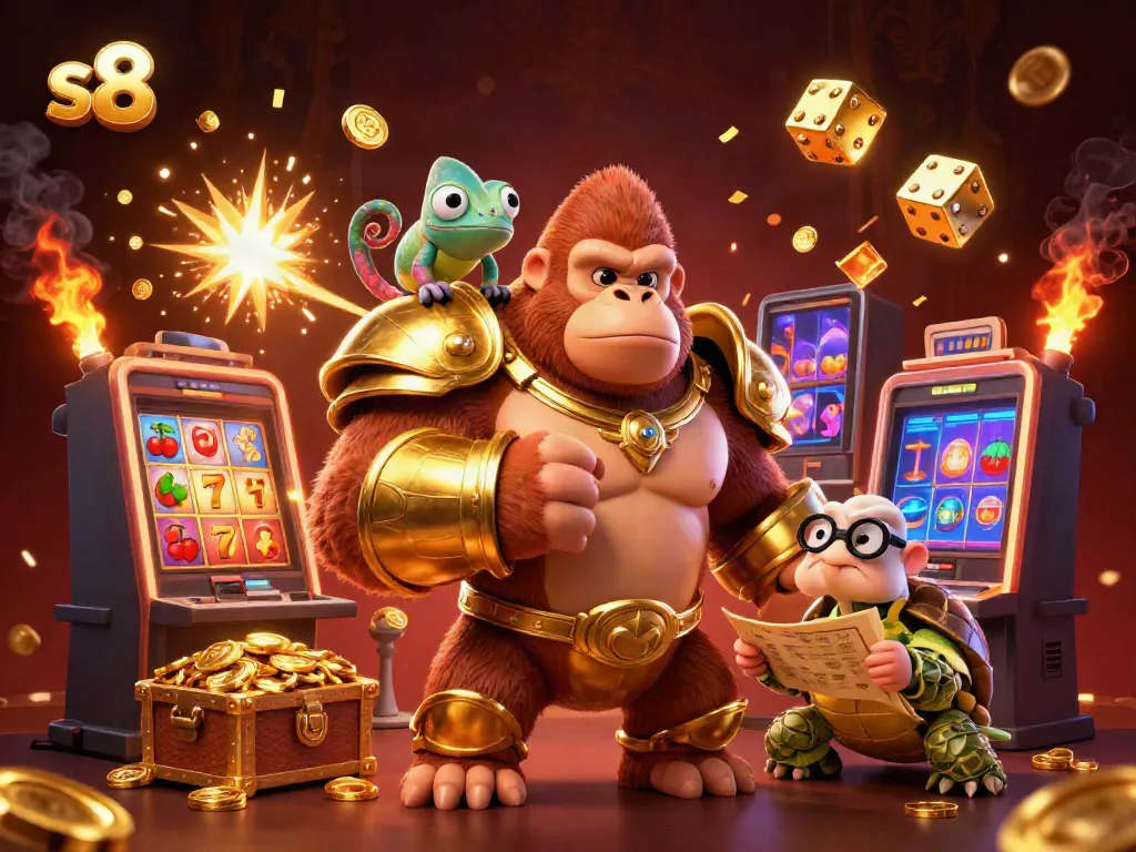 Experience the excitement of the s8 gaming adventure with a vibrant 3D scene featuring a gorilla king and chameleon at a jackpot