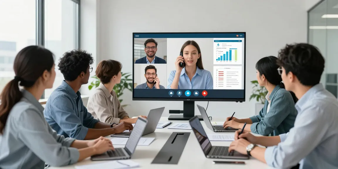 Team collaborating on cloud based phone system during a video call in a modern office setting.