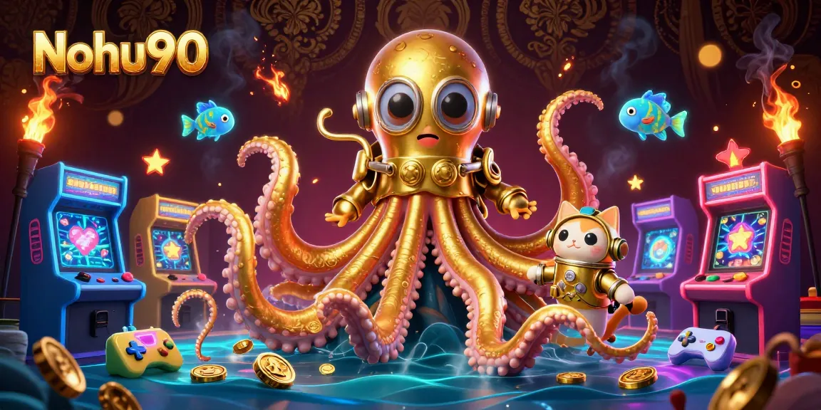 Nohu90 showcases a thrilling scene of a golden kraken and diving cat in a vibrant casino atmosphere.