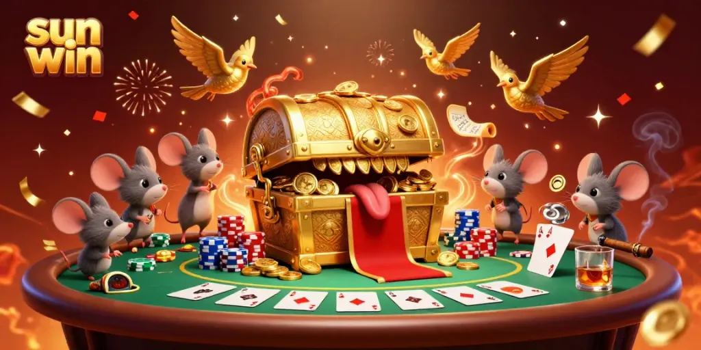 Engage in thrilling casino adventures at sun win, featuring a treasure chest and vibrant poker scene.
