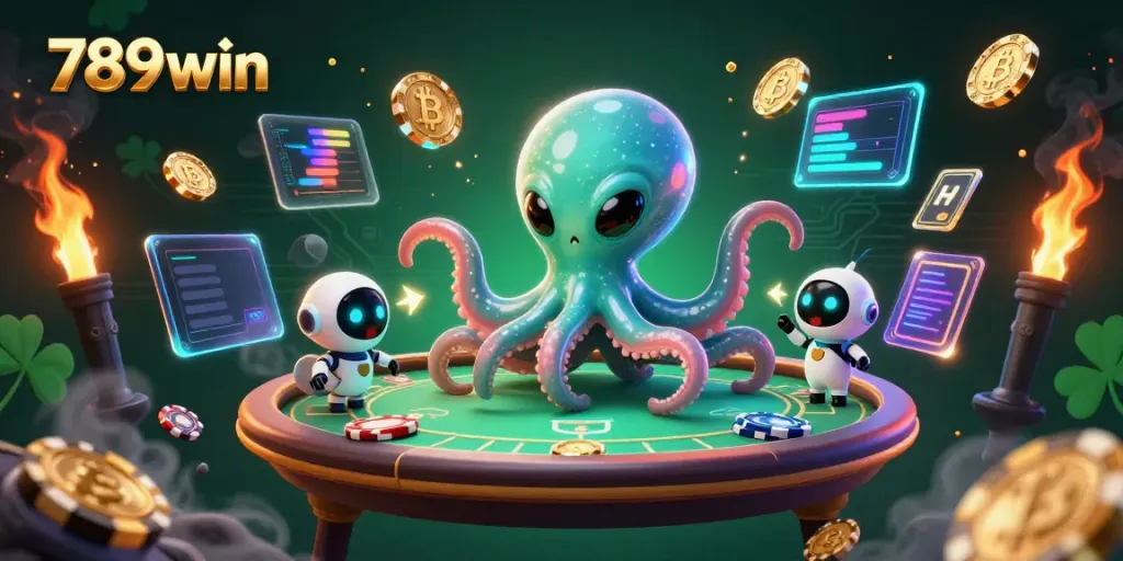 Engage with the immersive 789win casino scene featuring a playful alien octopus at a futuristic poker table.