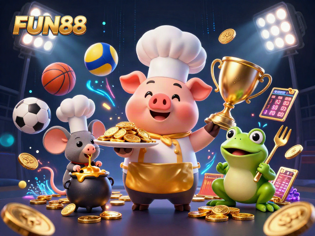 Experience FUN88's vibrant casino atmosphere with 3D illustrations of a chef pig serving gold coins.