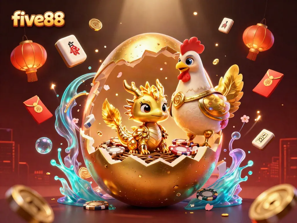Experience thrilling gaming with five88, showcasing a golden dragon and poker chips in vibrant casino art.