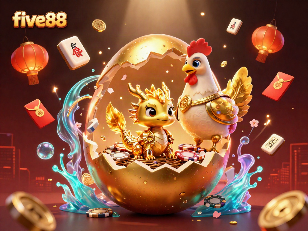 Experience thrilling gaming with five88, showcasing a golden dragon and poker chips in vibrant casino art.