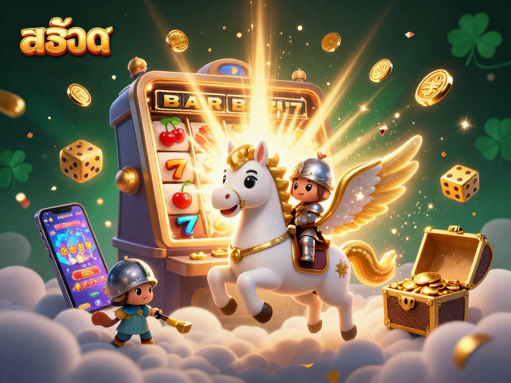 Experience exciting สล็อต gameplay with a vibrant 3D scene filled with colorful symbols and dynamic characters.