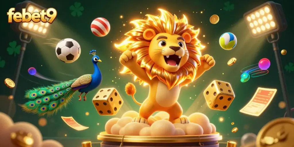 Experience thrilling gameplay at febet9 with a dynamic scene of a roaring lion surrounded by sports elements.