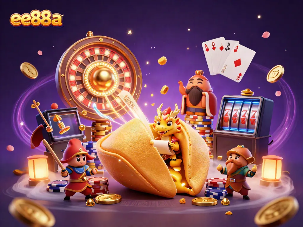 Spin to win at ee88a with a dynamic casino scene featuring golden treasures and enchanting characters.