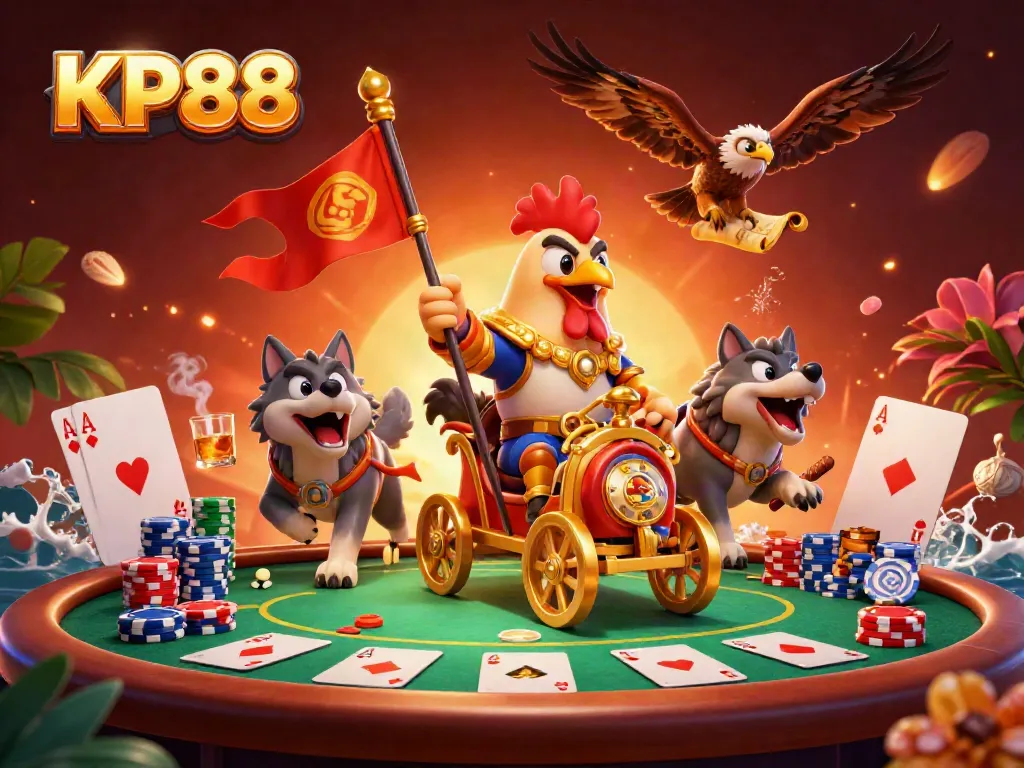 Experience KP88 excitement with a rooster warlord in a dynamic casino battle landscape.