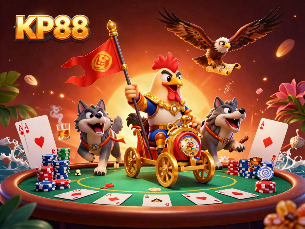 Experience KP88 excitement with a rooster warlord in a dynamic casino battle landscape.